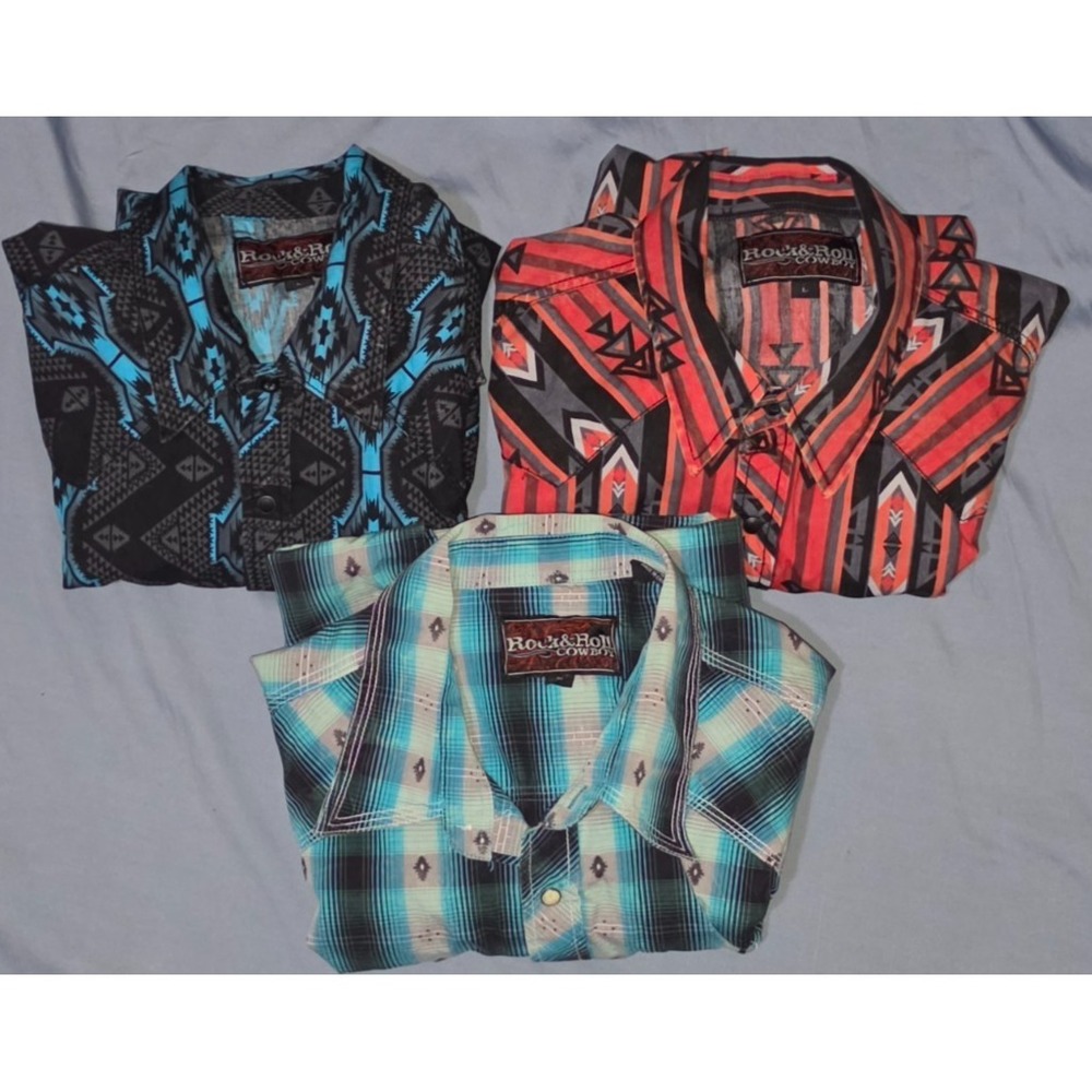 Rock and Roll Denim Long Sleeve Pearl Snap Shirt Men's L Aztec Cowboy Lot